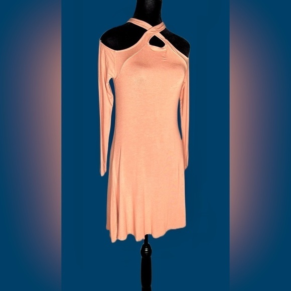 Venus Pink Soft Rayon Crisscross Neckline Cold-Shoulder Shift Dress, Stretchy XS - Picture 1 of 13